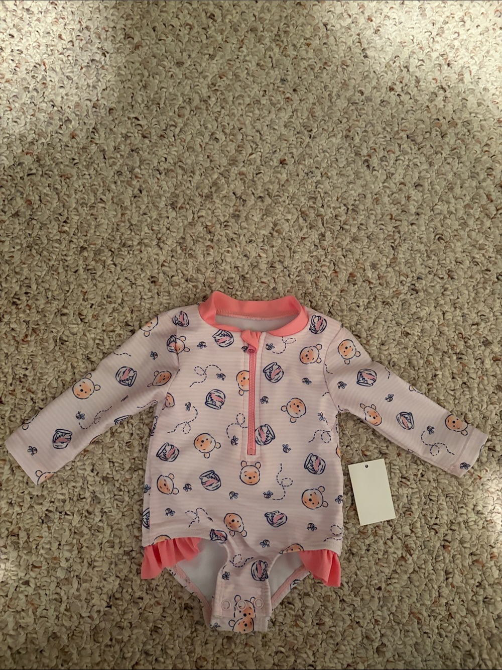Disney Pink Long-Sleeve One-Piece Swim Suit with Playful Winnie the Pooh Print
